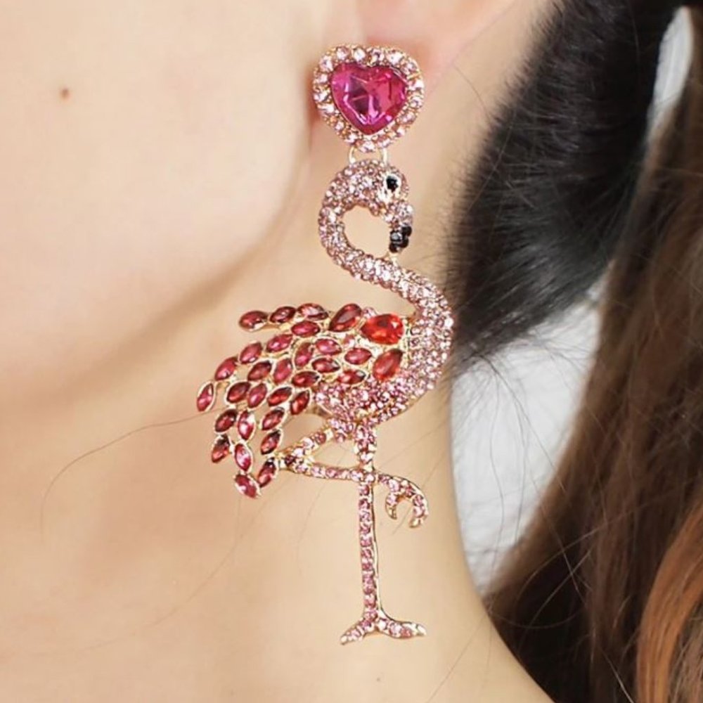 Crystal Flamingo Drop Earrings Statement Pink